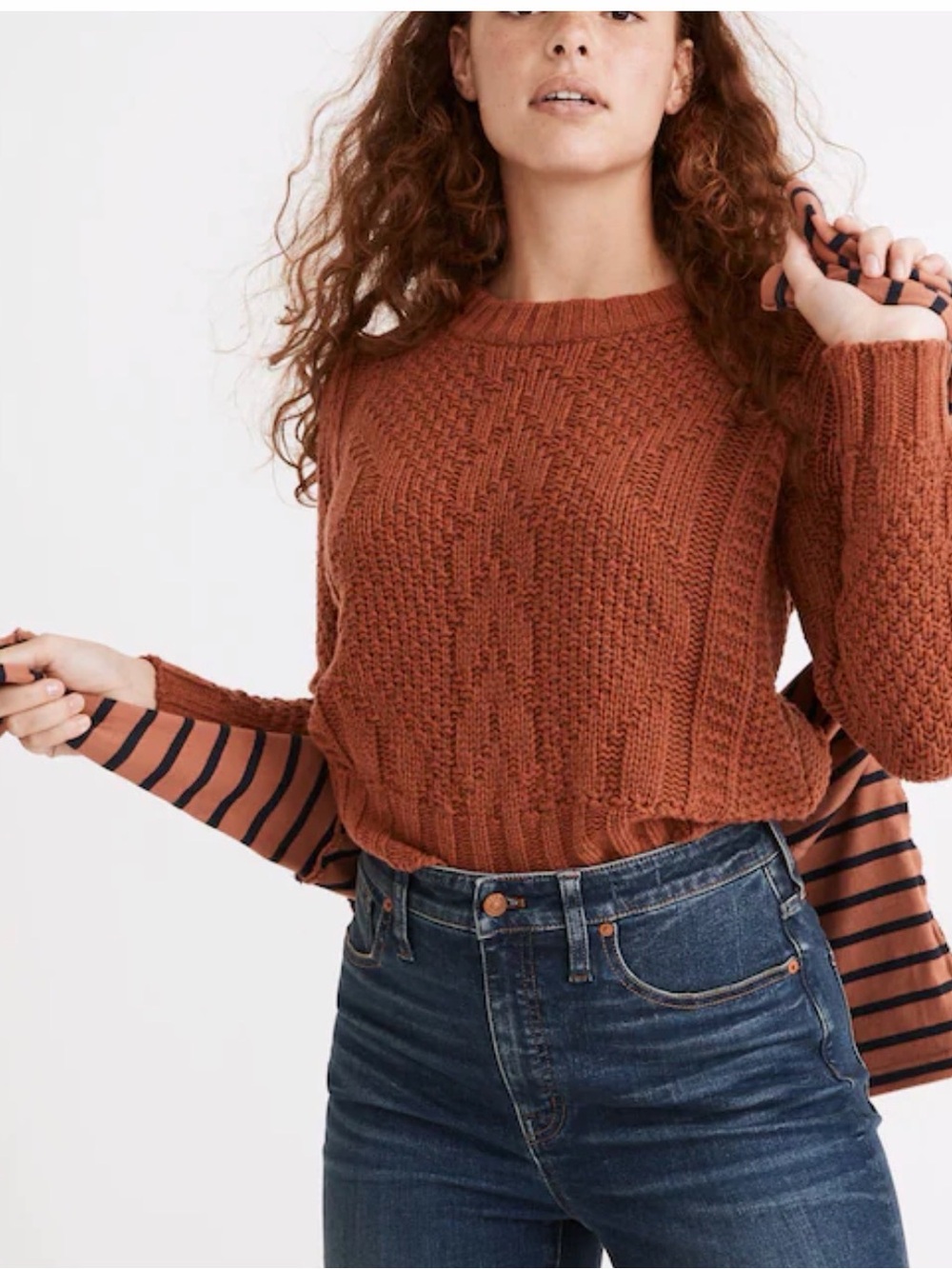 Madewell Ridgecrest Cable-Knit Crewneck Sweater in Rust Size Large - Picture 3 of 16